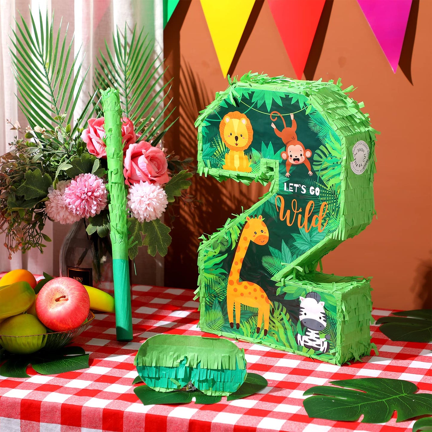 Jexine 3 Pcs 16 Inch Animal Number 2 Piata Jungle Animals Number Two Piata with Blindfold Bat and Confetti for Boy Zoo Themed 2n