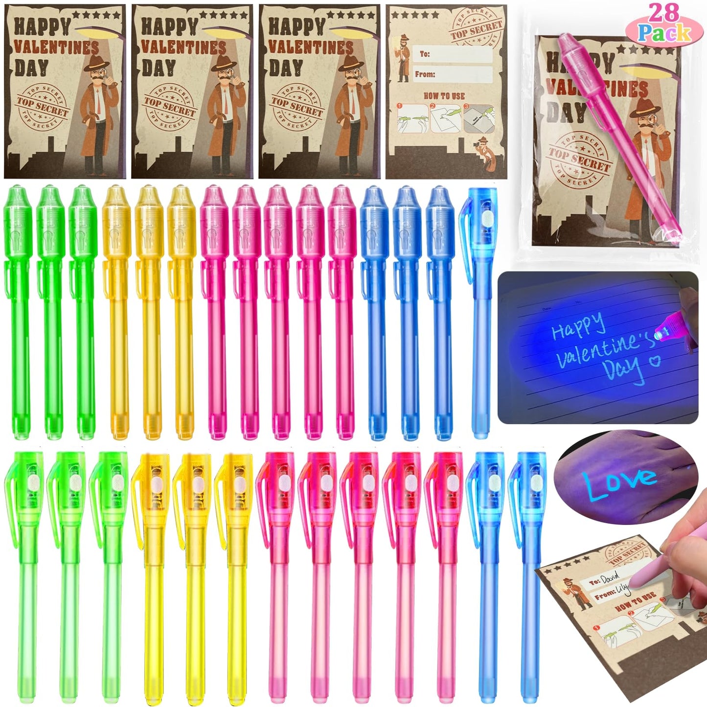 Igeekid 28 Pack Valentine'S Day Cards For Kids Invisible Ink Pen With Uv Black Light Valentine Gift School Supplies Secret Spy P