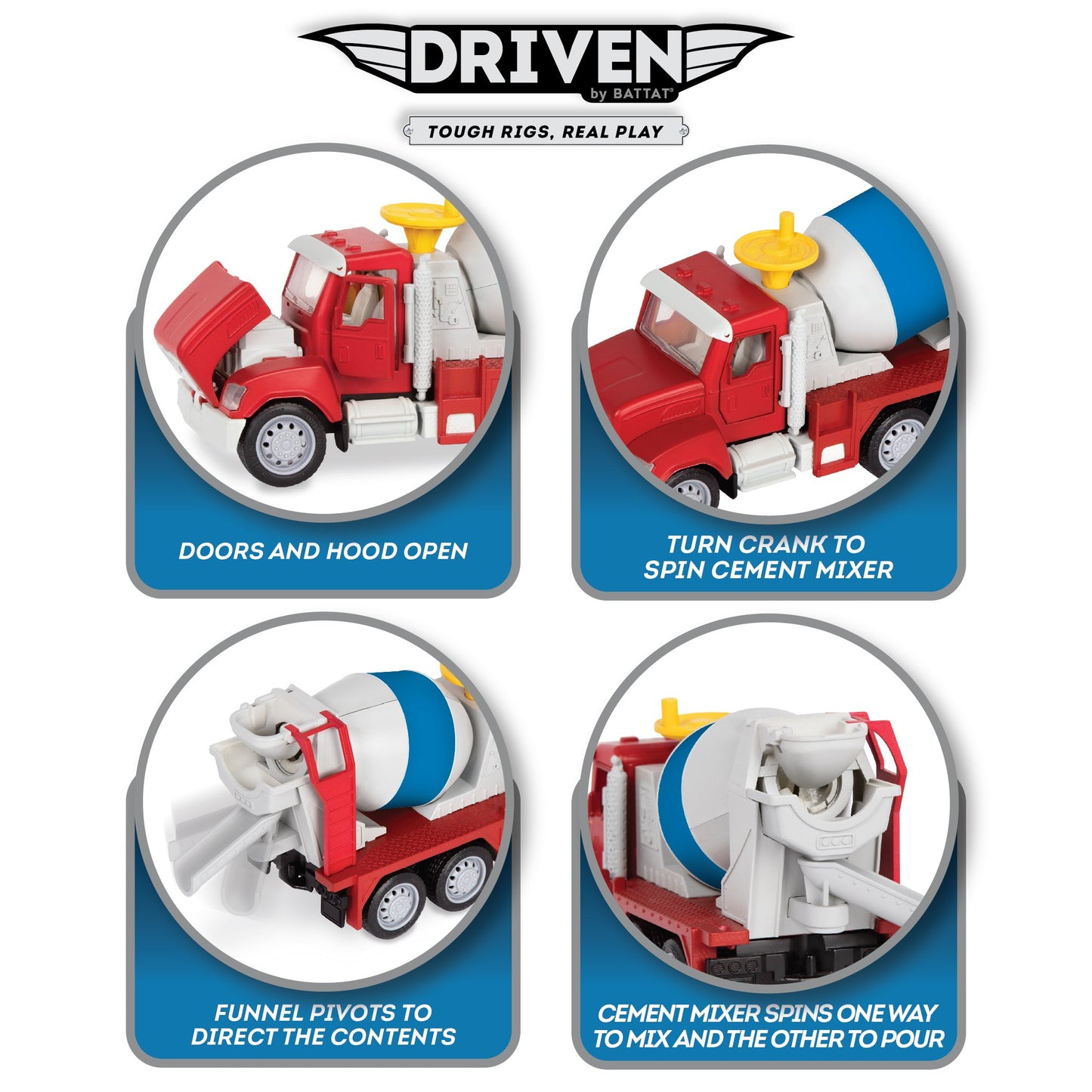 Driven By Battat - 4 Construction Toys For Kids&Toddlers - 7.5'' Crane Toy, 7'' Dump Truck, 6.5'' Cement Mixer, 7'' Excavator Ba