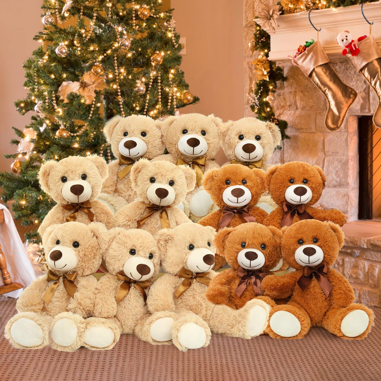 Tezituor Teddy Bear Stuffed Animal Bulk 8 Packs, 14In Small Bulk Teddy Bear Plush, Teddy Bears Centerpiece For Baby Shower, Stuffed Bears Gift For Kids, Christmas, Valentines, Light Brown/Dark Brown
