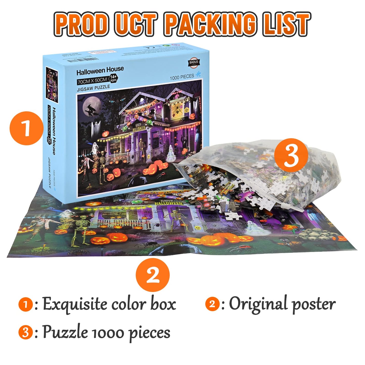 Badus Jigsaw Puzzles For Adults 1000 Pieces - 27.5'' X 20'' Fall Halloween Horror Haunted Mansion House,Pumpkin,Skeleton,Ghost G