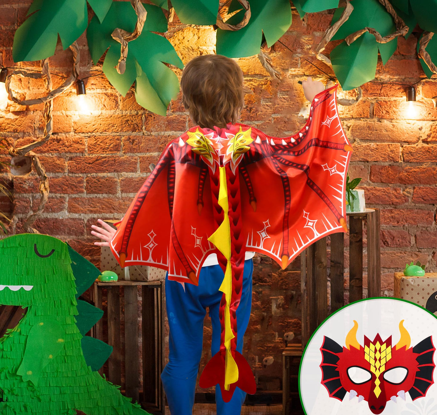 D.Q.Z Toddlers Dinosaur-Dragon-Wings Costume For Kids With Mask, Dino Cape Boys Girls Dress Up Birthday Party Toys Gifts (Red)