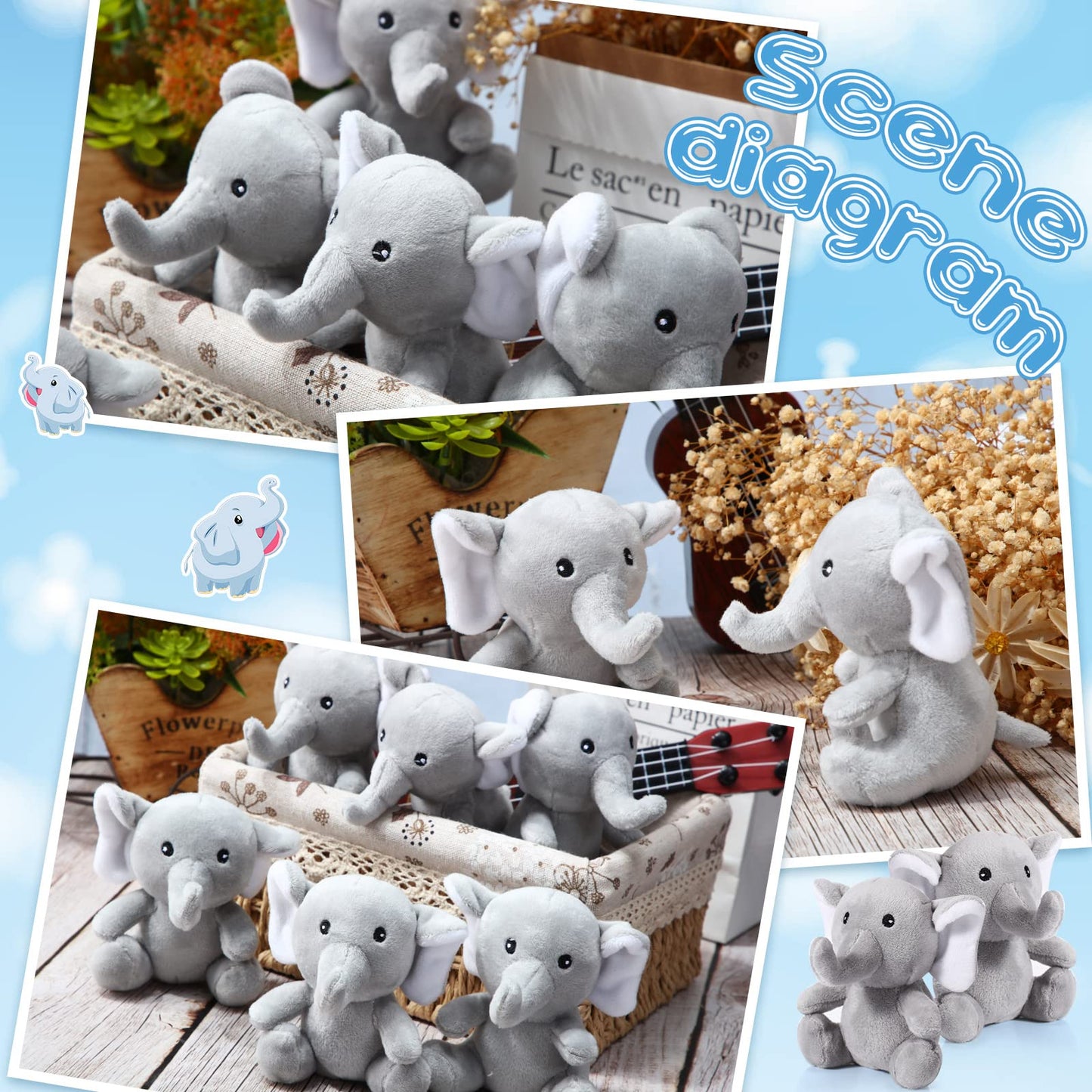 Jenaai 12 Pcs Mini Elephant Stuffed Animals 4 Inches Small Cute Soft Forest Plush Elephant Toys For Boys Girls Baby Shower Decor