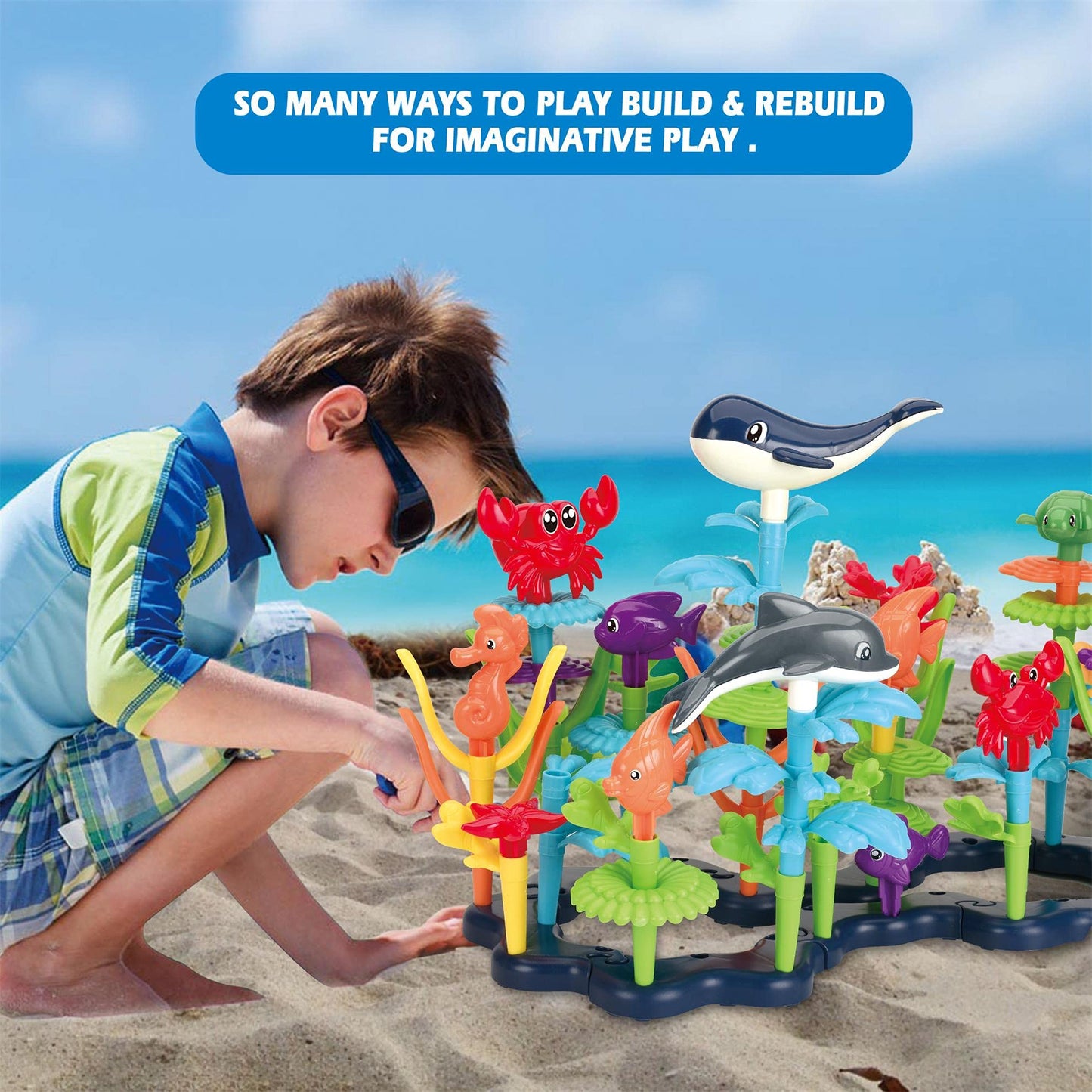 Kc Republic Ocean Reef 180Pcs Building Set, Stem Toy For Kids Age 3, 4, 5, 6, Interlocking Toy Building Block