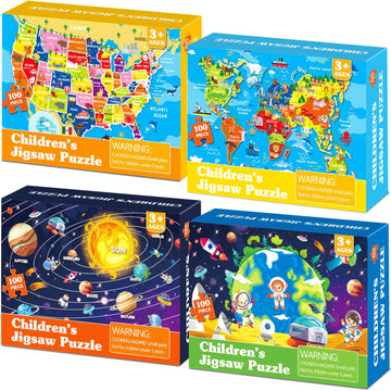 4 Packs 100Pcs World USA Map Puzzles for Kids Ages 4-6 Solar System Earth Exploration Jigsaw Puzzles Xmas Party Supplies World M