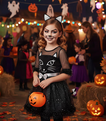 Neilyoshop Girls Cat Costume Kids Black Cat Dress Animals Costume Set For Halloween Dress up