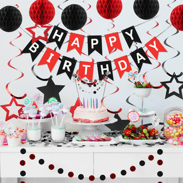 meowtastic Birthday Decorations - Happy Birthday Banner with Honeycomb Balls, Red & Black, Cardstock, Perfect for Parties