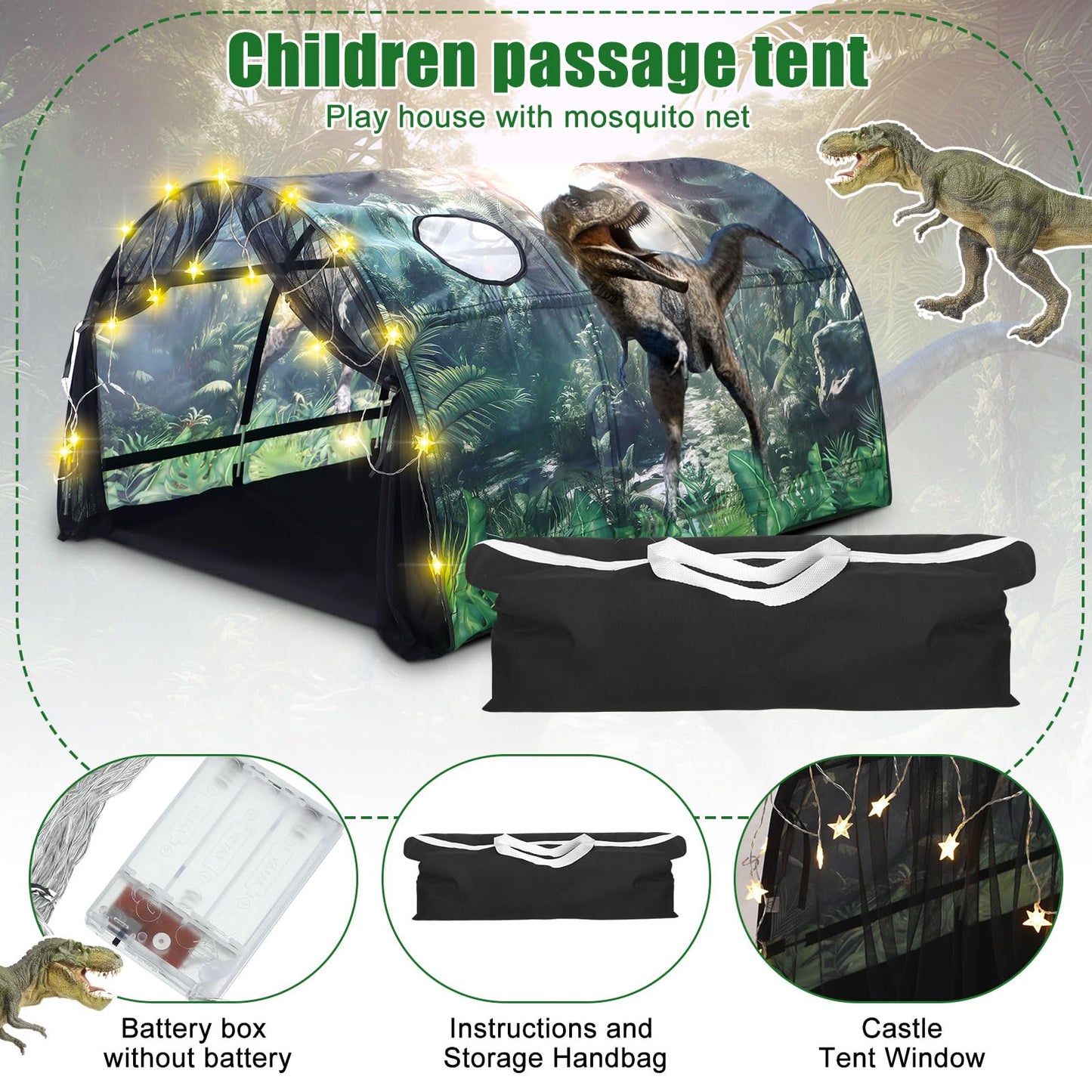 Wowangce Dinosaur Bed Tent For Kids Large Kids Twin Tent Toddler Play Tent With Carry Bag Foldable Tent For Kids With String Lig