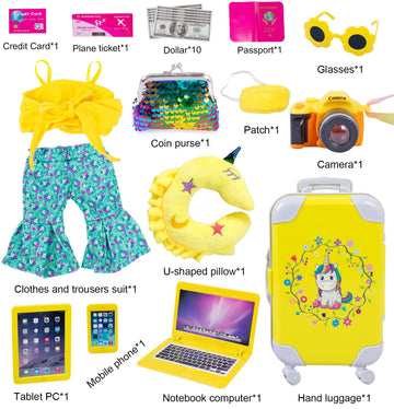 ebuddy 18 Inch Doll Travel Set with Unicorn Luggage Suitcase - Yellow, Medium, Polyester, Fits Most 18 Inch Dolls