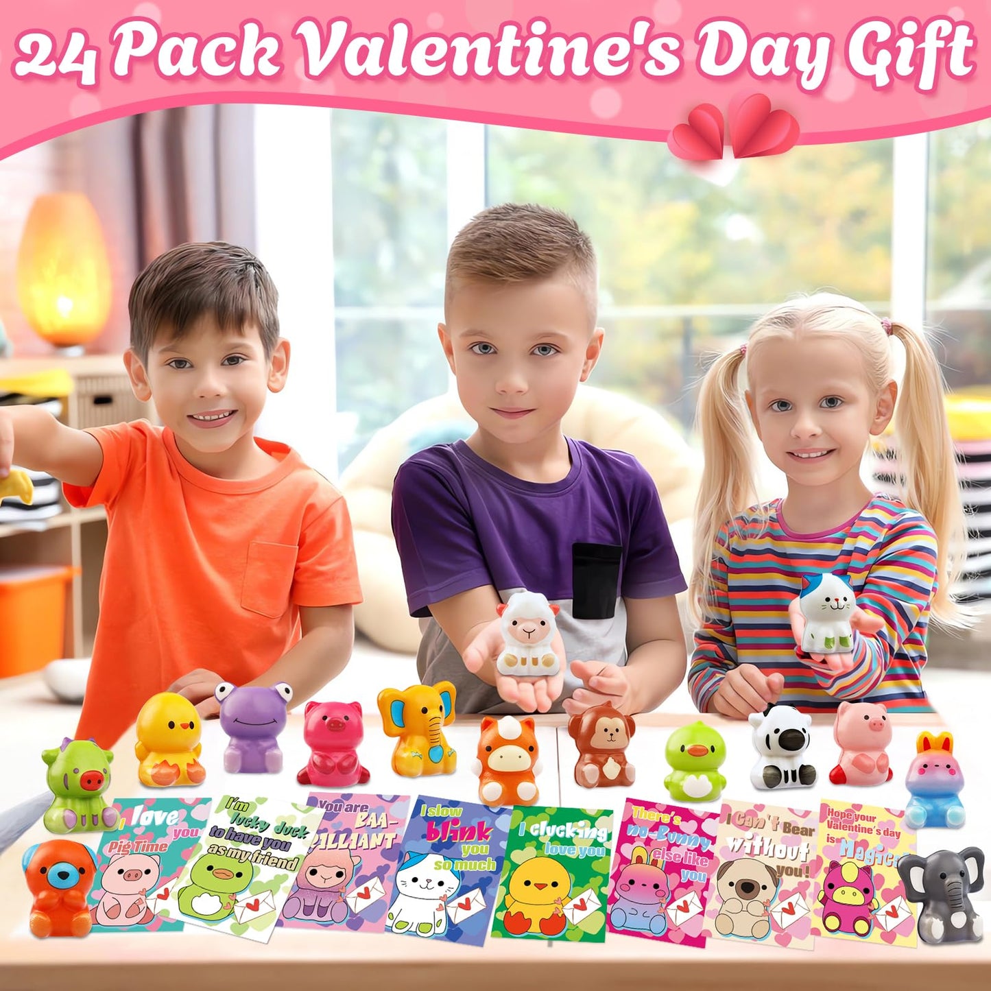 24 Pack Valentines Day Gifts for Kids, Valentines Cards for Kids Classroom with Animal Squishy Toys Slow Rising Stress Relief Fi
