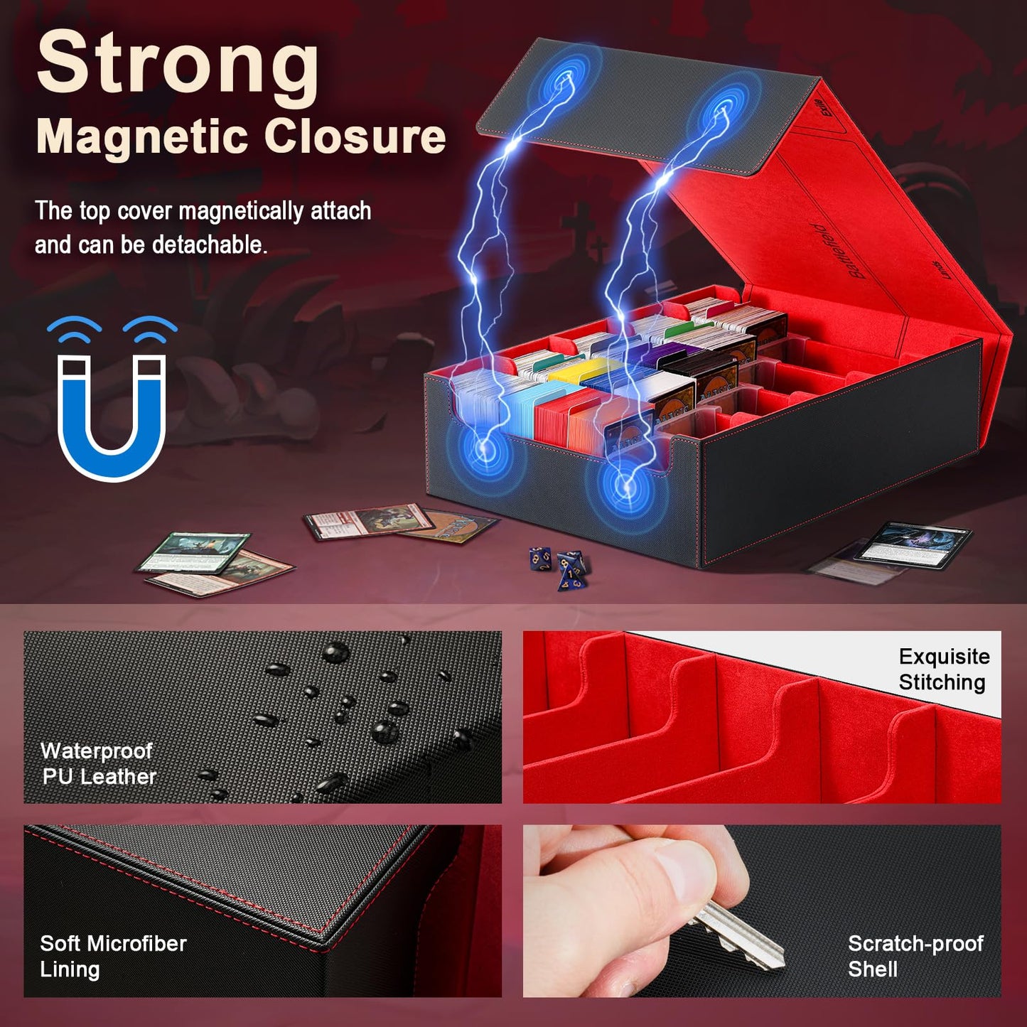 TiMOVO Trading Cards Storage Box 3800+ MTG Card Deck Box with 24 Colorful Dividers & 5 Card Supporters 5 Rows Magnetic Leather Commander Deck Box Fits MTG Yugioh TCG Magic Game Cards Black+Red
