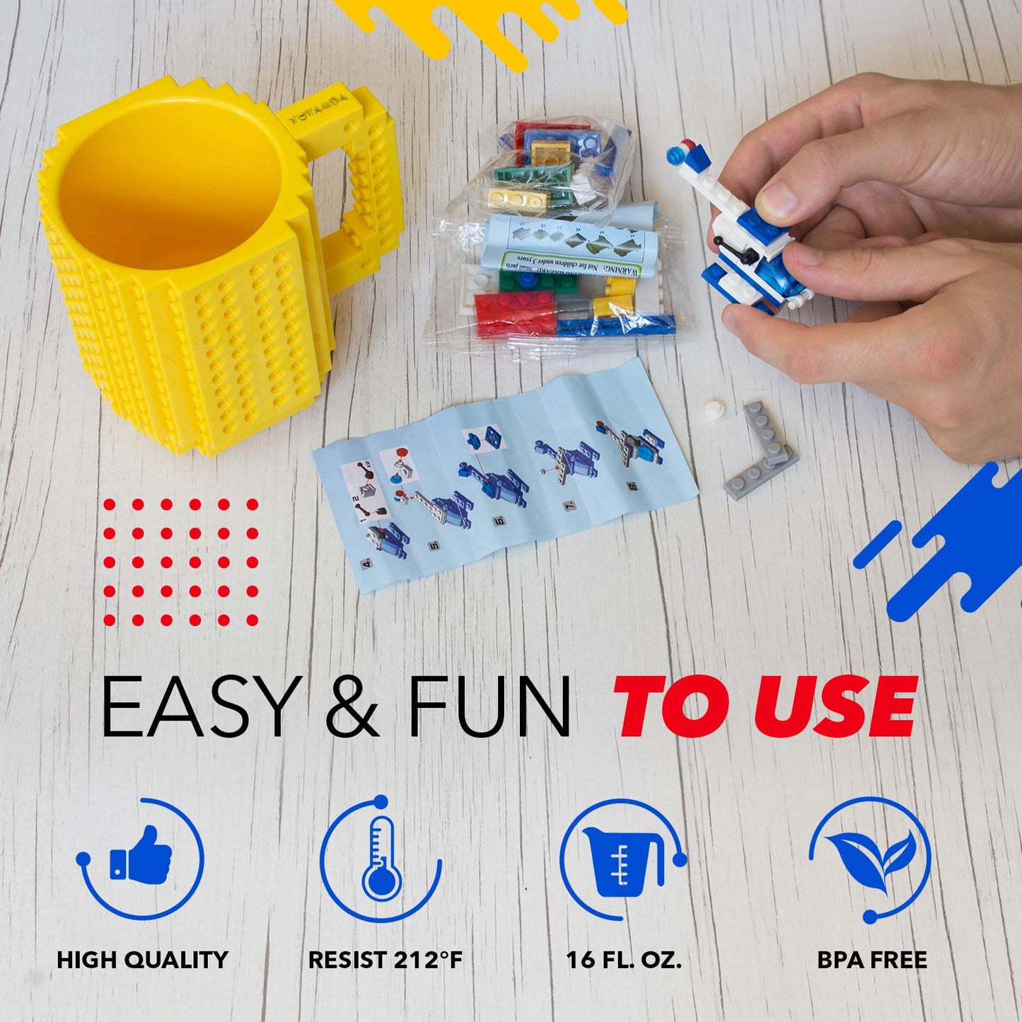 Toyamba Build-On Brick Mug With 3 Packs Of Building Blocks Compatible With Major Brands, Bpa-Free Plastic Funny Coffee Mug For M