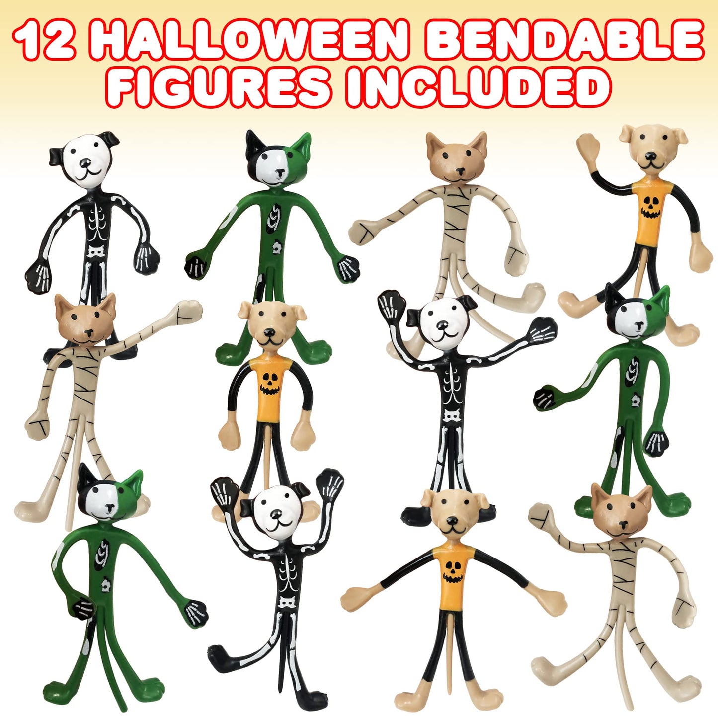Artcreativity Halloween Bendable Figures, Set Of 12, 3D Halloween Themed Dogs And Cats In 4 Different Designs, Stress Relief Toys For Boys And Girls, And Non-Candy Trick Or Treat Supplies
