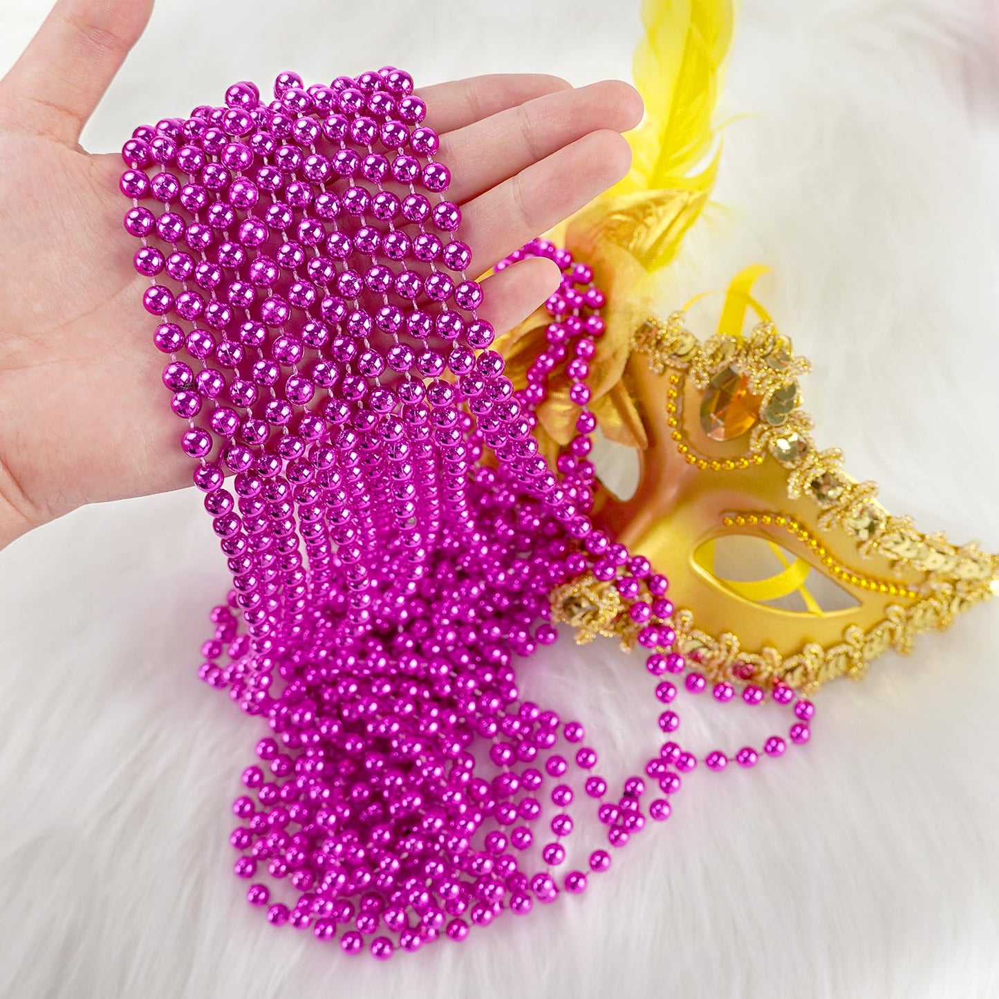 ZYFLSQ 100 Pcs 33'' 7mm Metallic Hot Pink Beads Necklaces, Bulk Mardi Gras Beaded Necklaces, Party Beads Costume Necklaces