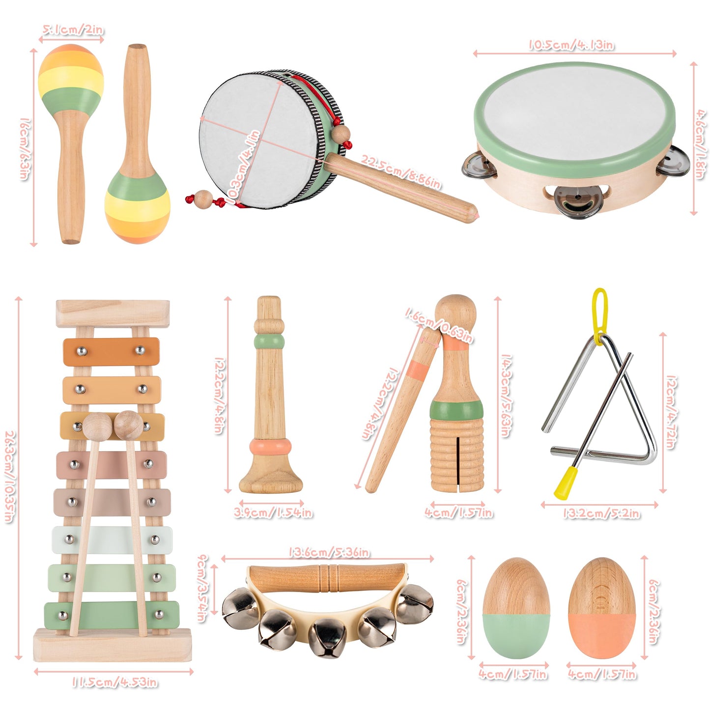 Vinjoe Baby Musical Instruments-Toddler Montessori Wooden Musical Toys For Kids 1-3, Neutral Colors Percussion Instruments Set E