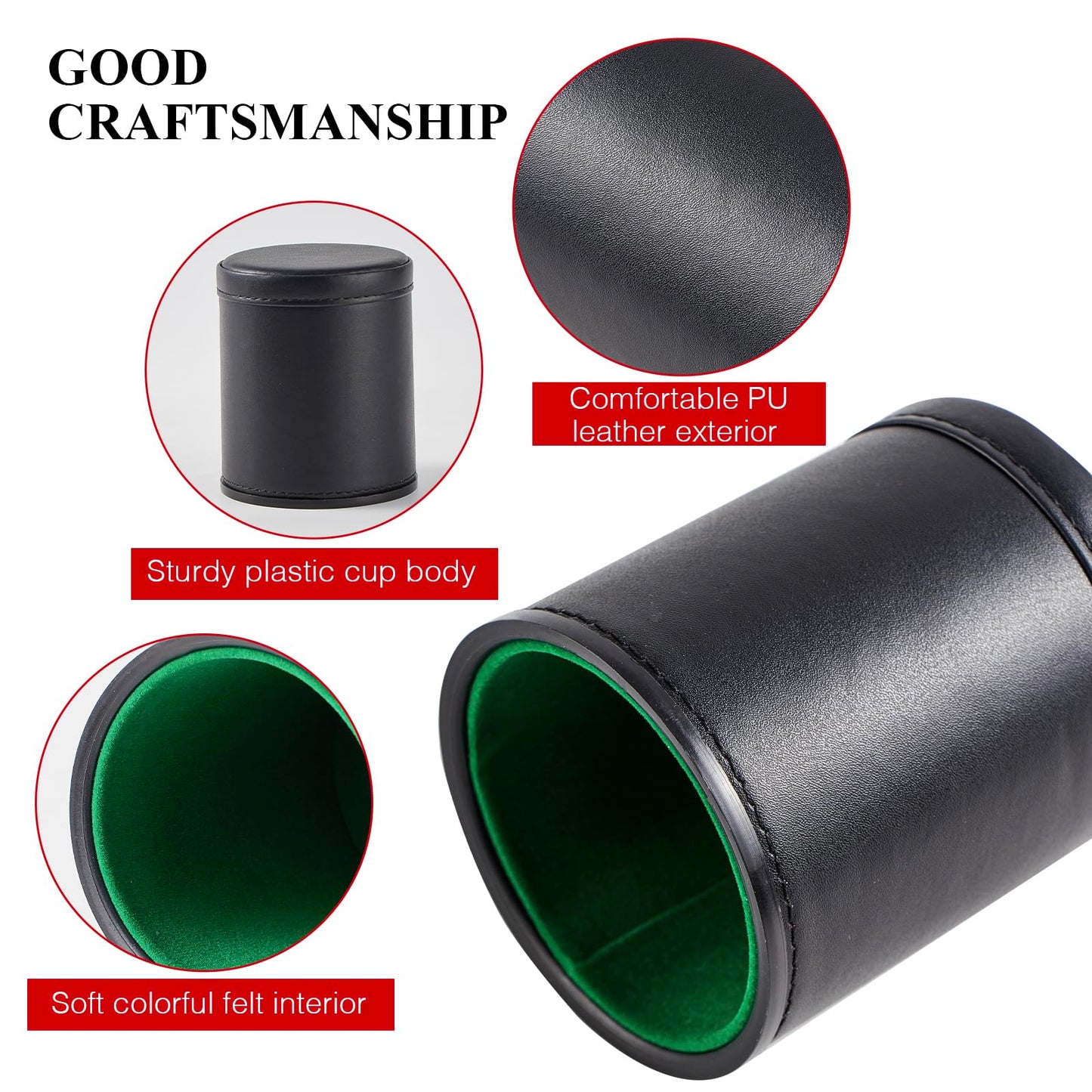 5 Pack Black Leather Dice Cups with Colorful Velvet Felt-Lined Interior and 30 Matching Colorful Transparent Dices