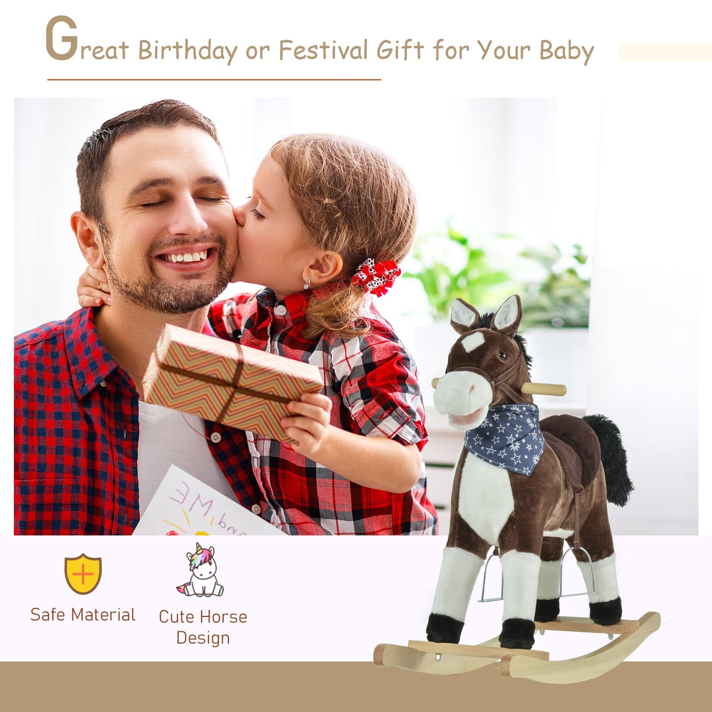 Qaba Kids Plush Ride-On Rocking Horse Toy Cowboy Rocker With Fun Realistic Sounds For Child 3-6 Years Old, Brown