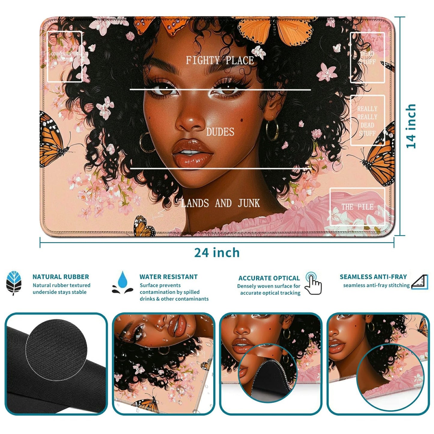 RWUTYTIUL Butterfly Girl Card Playmat 24 X 14 Inch with Tube Bag, Card Gameplay Playmat with Zones Commander Deck Board MTG RPG