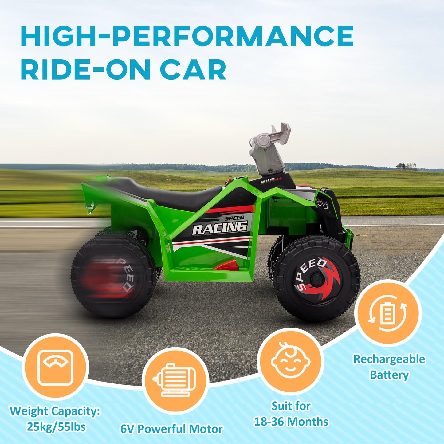 Aosom Kids Atv Quad Car, 6V Four-Wheeler Ride On Toy For Kids With Forward Backward Function, Wear-Resistant Wheels For Toddlers Ages 18-36 Months, Green