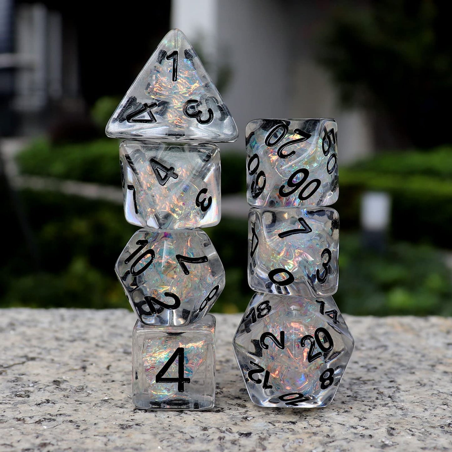 Haxtec Clear DND Dice Set 7PCS Filled Resin Polyhedral D&D Dice W/Iridescent Rainbow Mylar Inclusion for Roleplaying Games Dunge