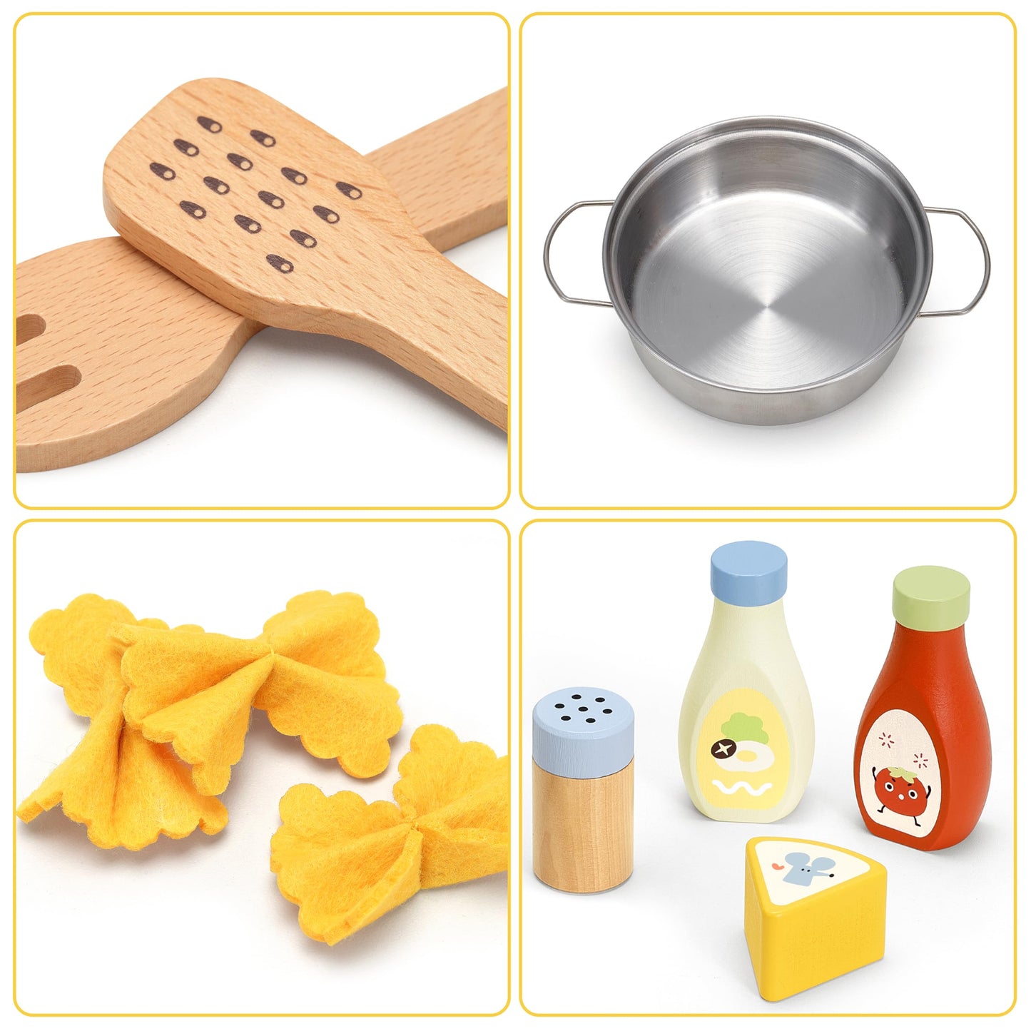 Pillowhale Pasta Food Toys, Wooden Play Kitchen Food , Play Food with Pots and Pans Playset, Kids Pretend Play Kitchen Accessori
