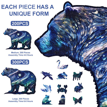 Yjacuing Wooden Jigsaw Puzzles For Adults, 300 Piece Unique Animal Shaped Premium 5Mm Wood Puzzles Family Game (Starry Bear, Lar