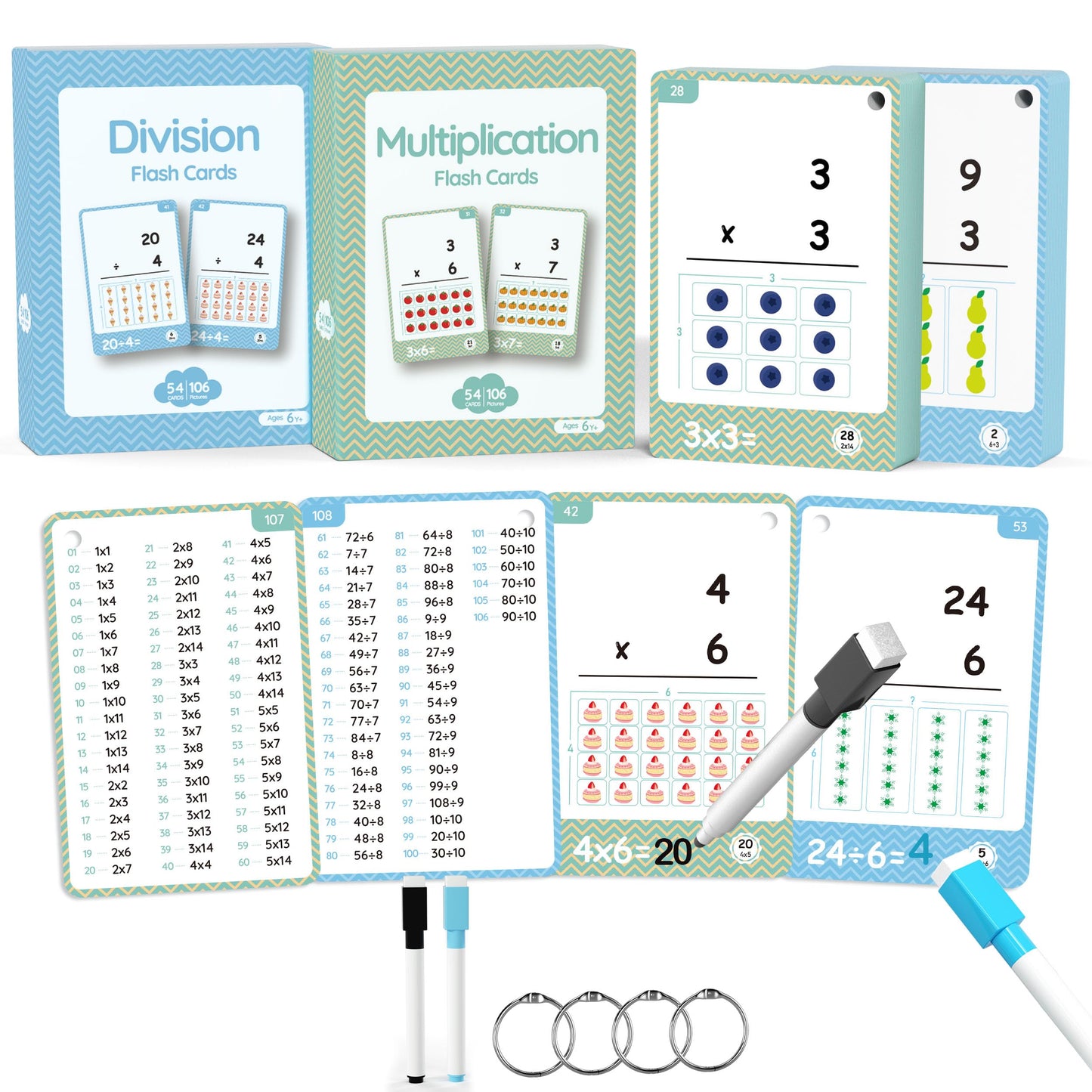 110 Cards, 212 Pictures Educational Math Flash Cards, Mul Div Multiplication Division Flash Cards, For Toddlers 7,8,9,10,11 Year