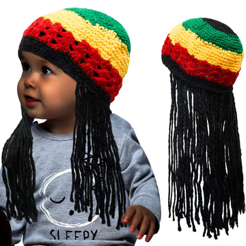 Geyoga Rasta Hat With Long Black Hair Funny Rasta Wig Beanie Jamaican Dreadlocks Wig Hat For Children'S Costume Headwear Accesso