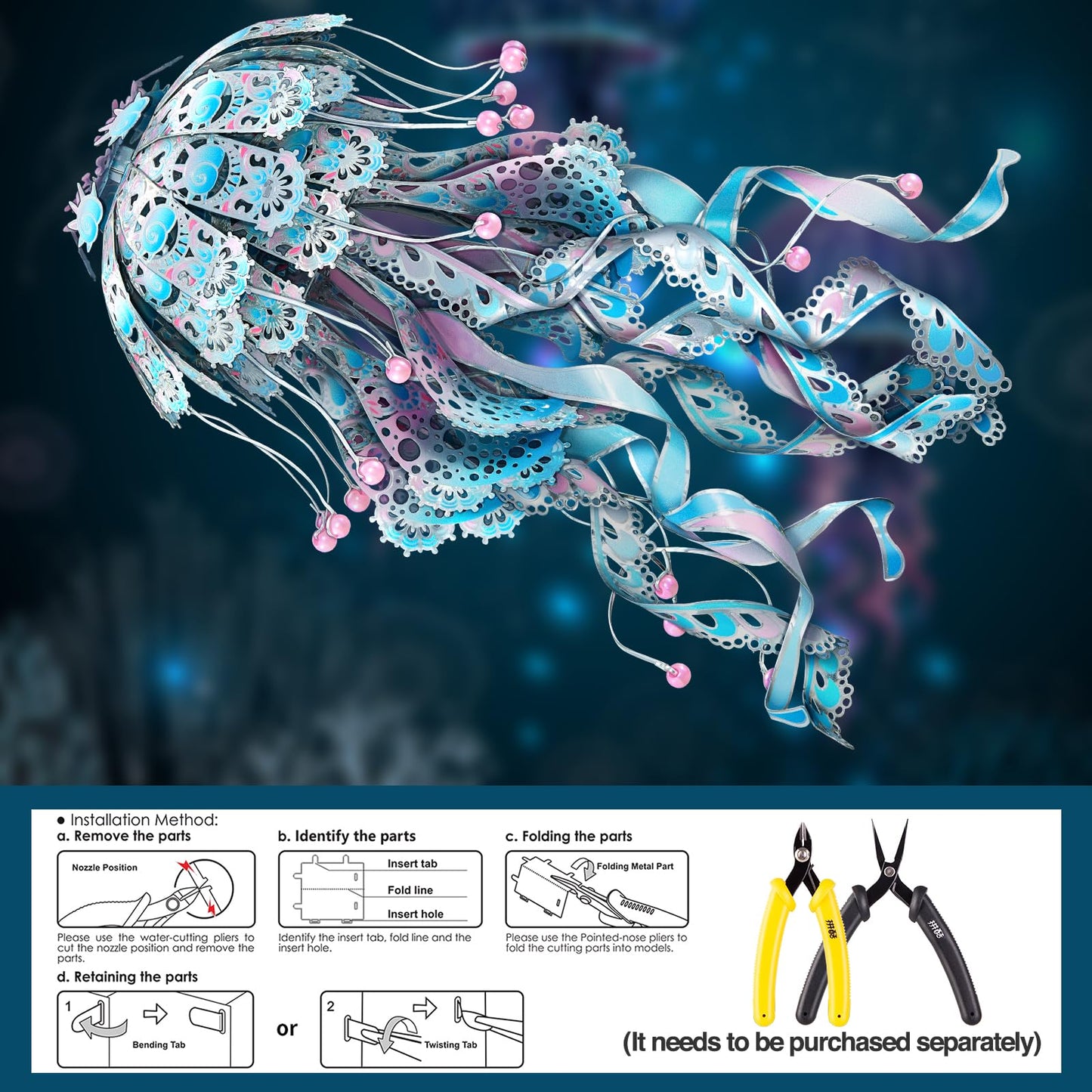 Piececool 3D Puzzles For Adults, Jellyfish Night Light With Usb Plug, Ocean Animals 3D Metal Model Building Kits, Diy Assembling Arts And Crafts