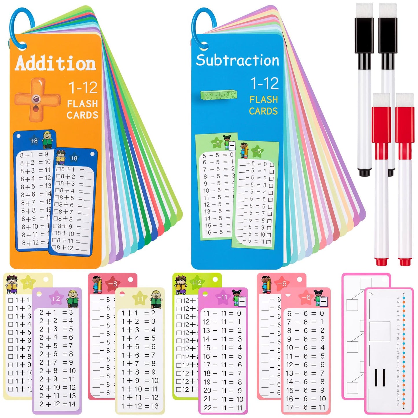 30Pcs Addition And Subtraction Flash Cards, Math Flash Card With 4 Dry Erase Pens 2 Rings, Time Table Flash Cards For 1St To 3Rd