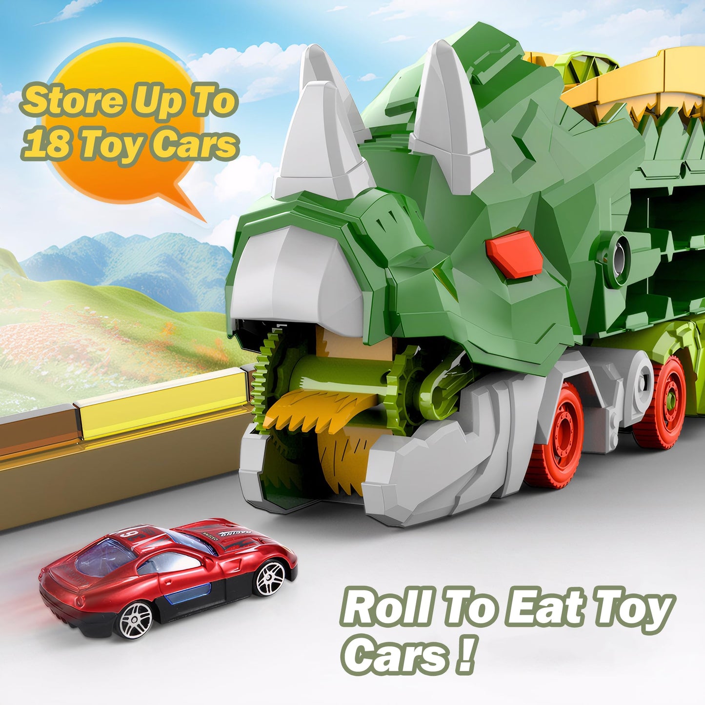 Hacocola Dinosaur Transporter Truck Foldable Sliding Race Track Toy With 8 Toy Cars For Kids Age 3 4 5 6 7 8 (Green)