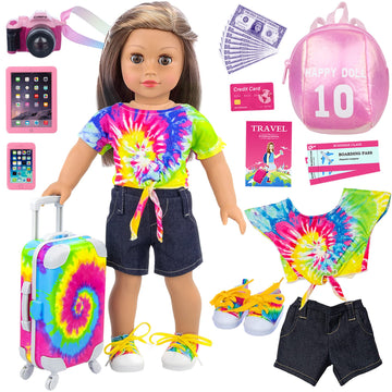 Ecore Fun 23 Pcs 18 Inch Girl Doll Accessories Suitcase Travel Luggage Play Set - Girl 18' Doll Travel Carrier Storage, Including Suitcase, Clothes, Shoes, Backpack, Camera, Computer, Cell Phone