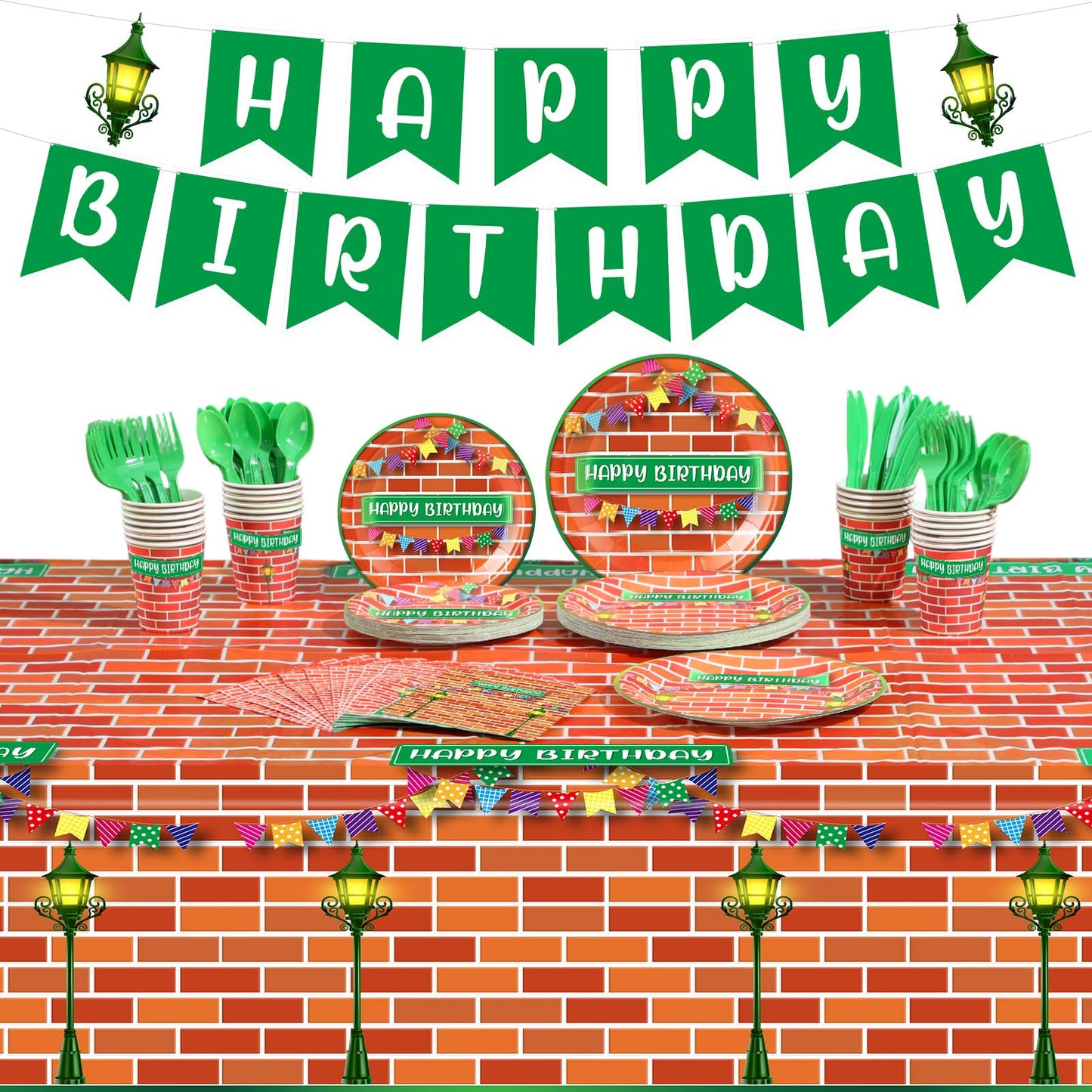 Qinyoung 171 Pcs Street Theme Birthday Party Decorations Red Brick Wall Street Party Supplies Happy Birthday Banner Plastic Tabl