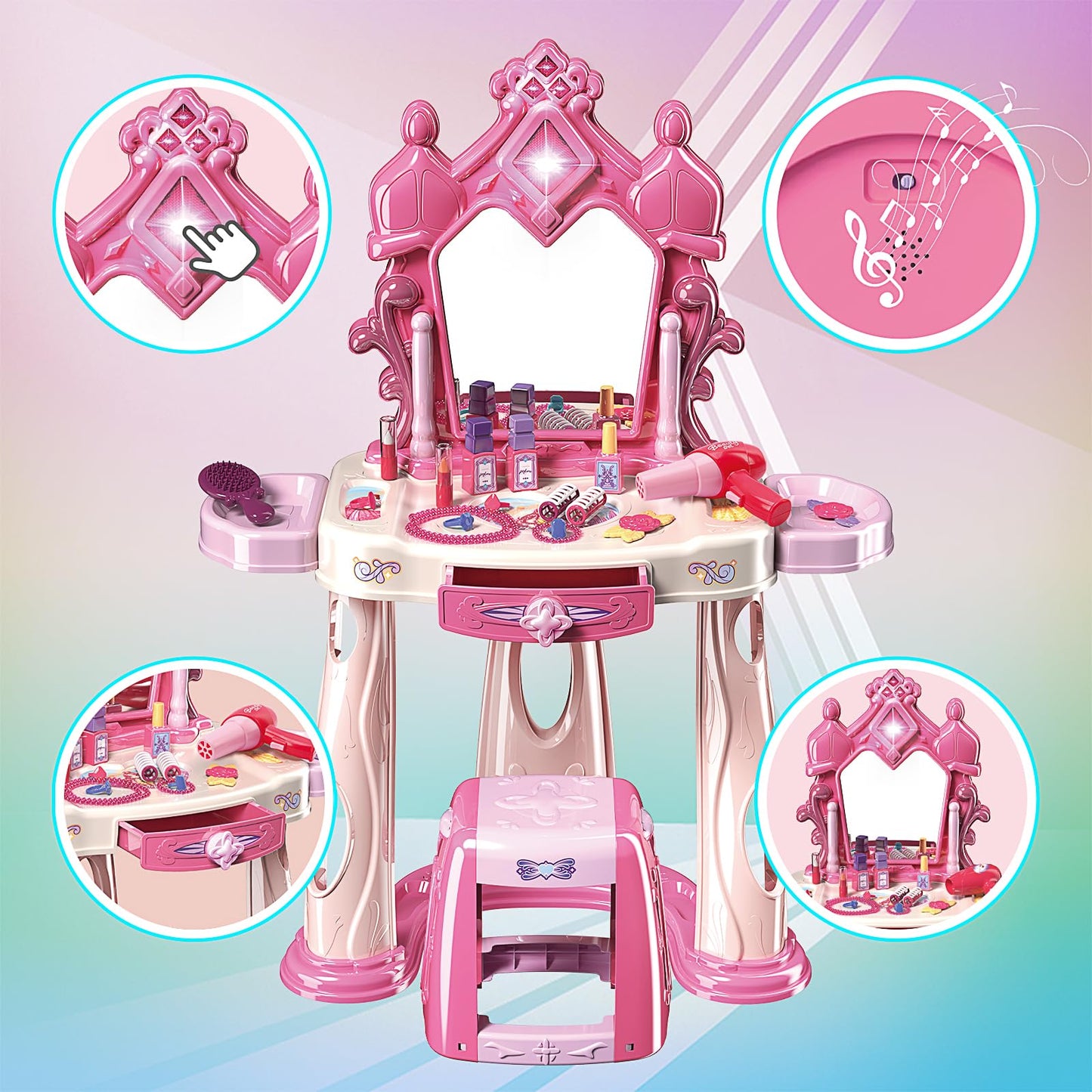 Pretend Play Girls Makeup Table Set With Stool