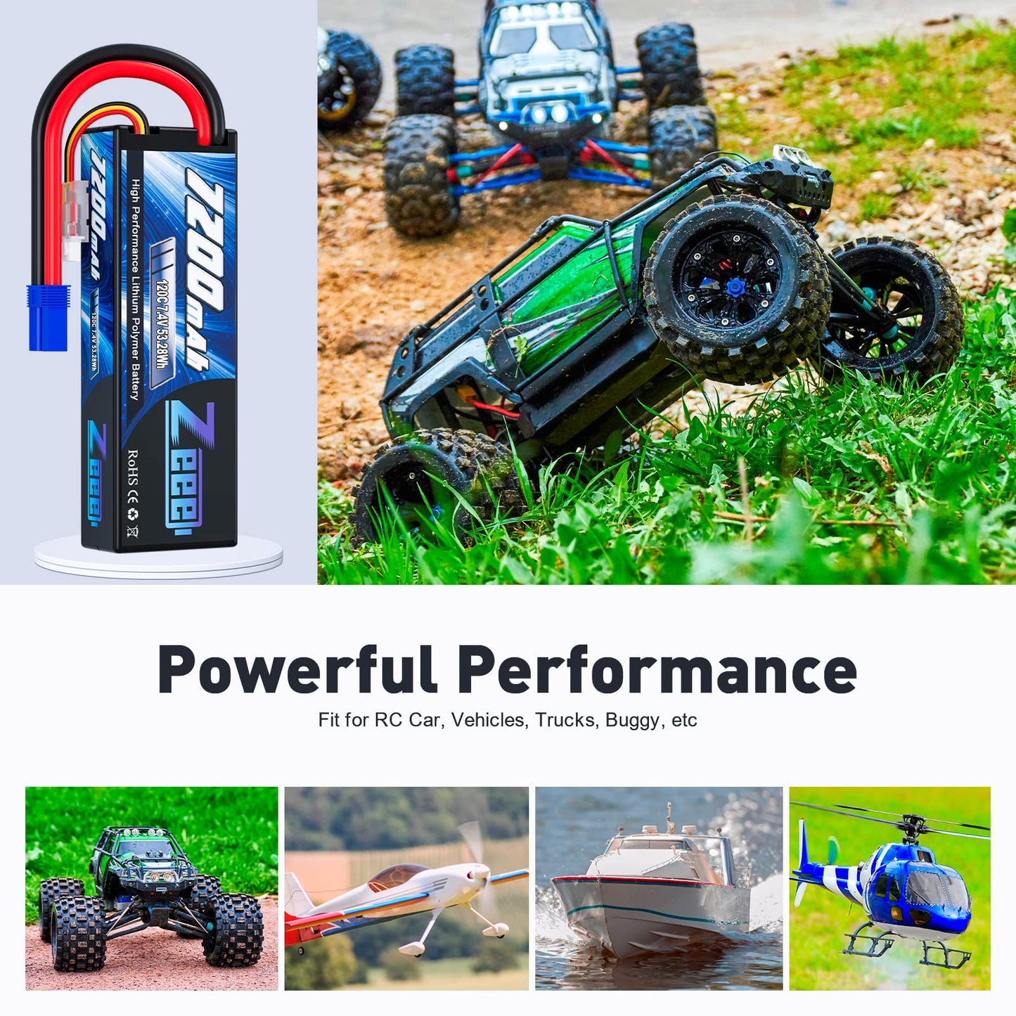 Zeee 2S Lipo Battery 7200mAh 7.4V 120C Hard Case RC Battery with EC5 Connector for RC Car Truck RC Vehicles Truggy Buggy Tank He