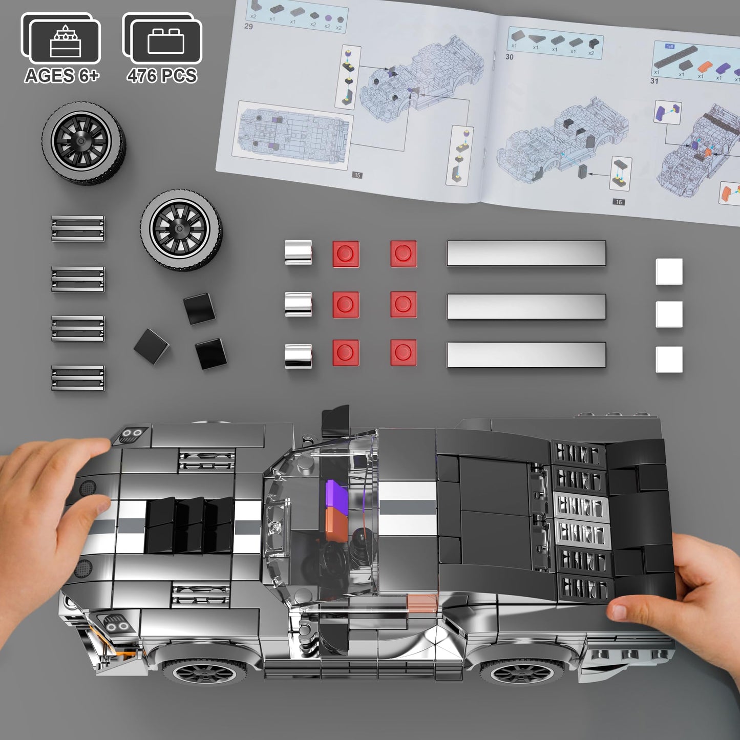 High Godo Super Sports Car Building Set,Racing Car Building Kits For Kids And Adults,Collectible Model Cars Construction Blocks Toys Gifts For Boys 6-8 10+ (476 Pieces)