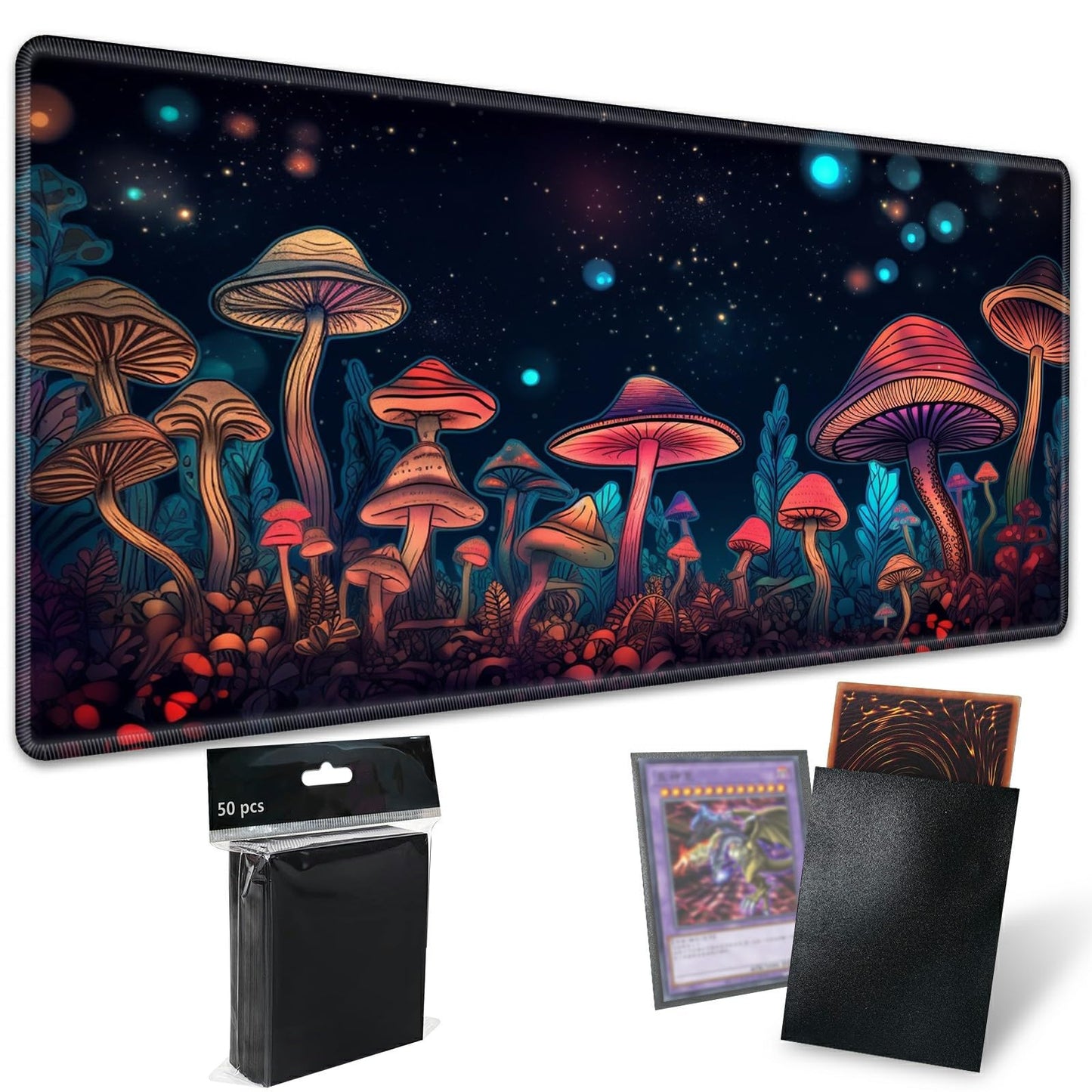 For Mtg Playmat Tcg Board Game Mat Plus 50 Pcs Card Sleeves, 24 X 14 Table Mats Neon Mushroom Game Mousepad With Soft Surface No