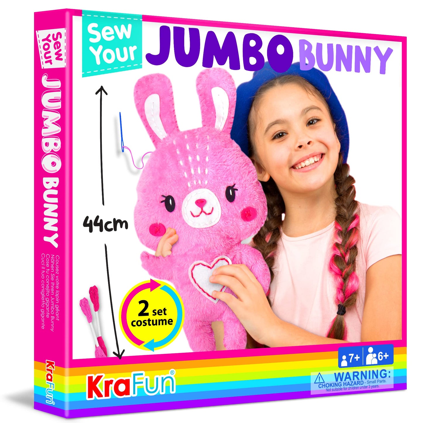 KRAFUN Big Jumbo Bunny Animal Sewing Kit for Kids Beginner My First Art & Craft, Make 1 Stuffed Doll with 2 Costumes, Instructio