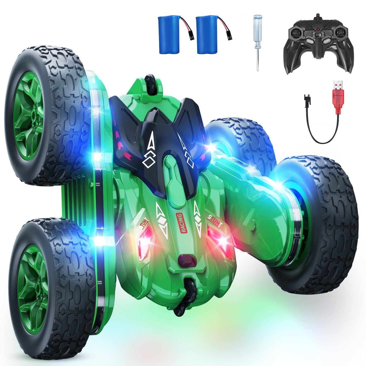 CoziBB Remote Control Car, RC Cars with Strip Lights and Headlight, 2 Hours Long Battery Life, 4WD Double-Sided 360 Flips Rotati
