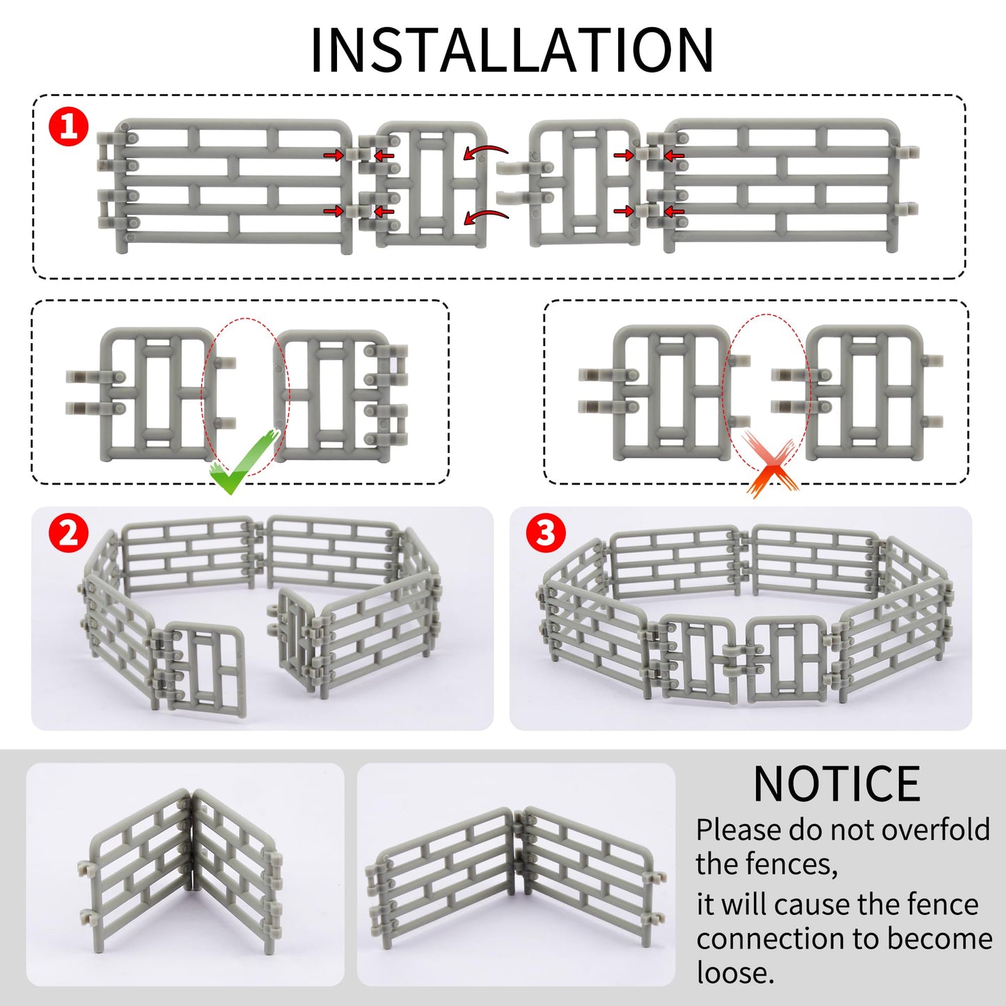 Toymany 64PCS Mini Plastic Fence for Farm Animals - Medium Silver Horse Corral for Kids and Toddlers