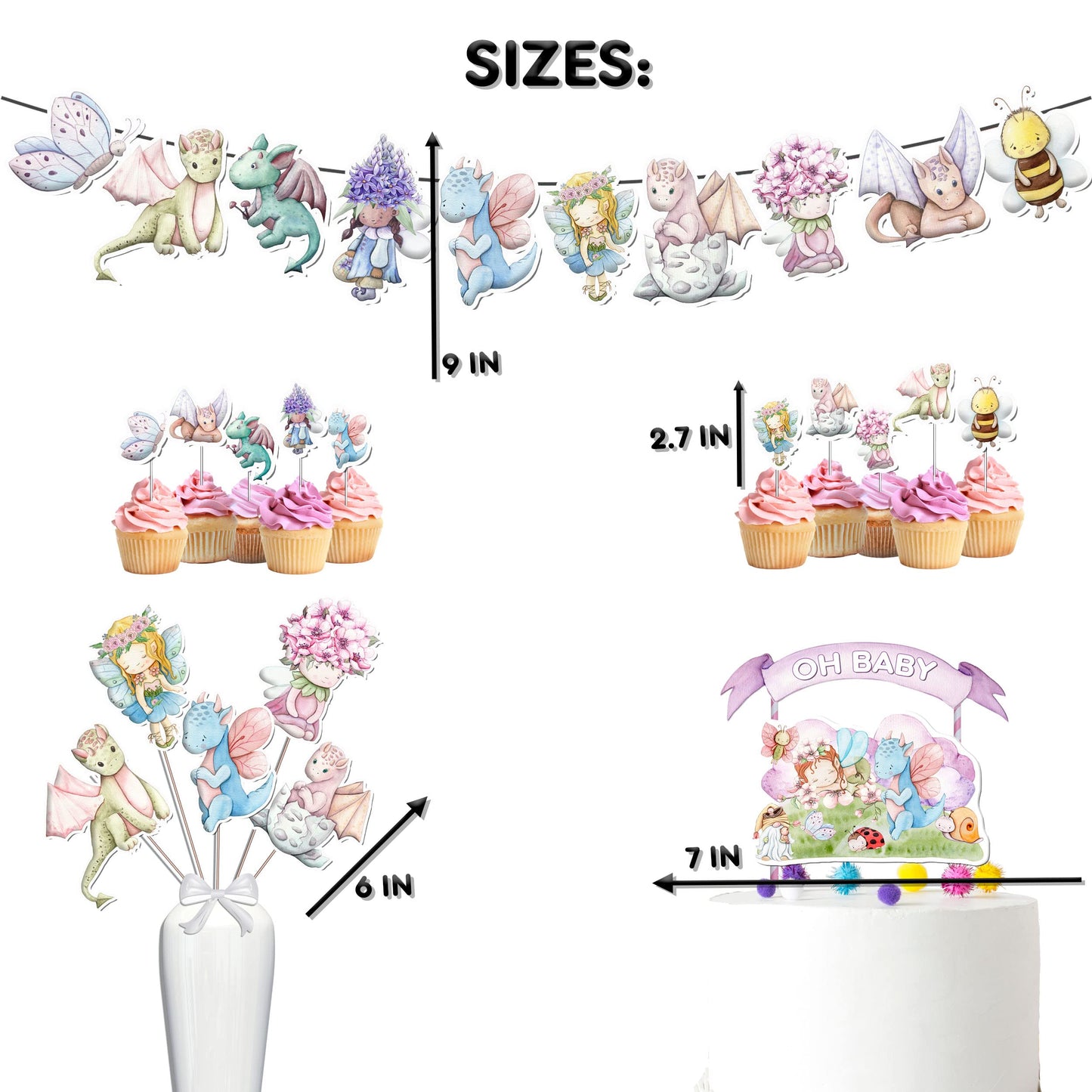 Dragons And Fairies Baby Shower Party Decoration Set, Dragon And Fairy Theme Party Supplies Bundle For Baby Shower.