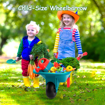 CUTE STONE Kids Gardening Tool Set - Medium Multi-colored Plastic Toys with Wheelbarrow, Watering Can, Shovel for Outdoor Indoor Play