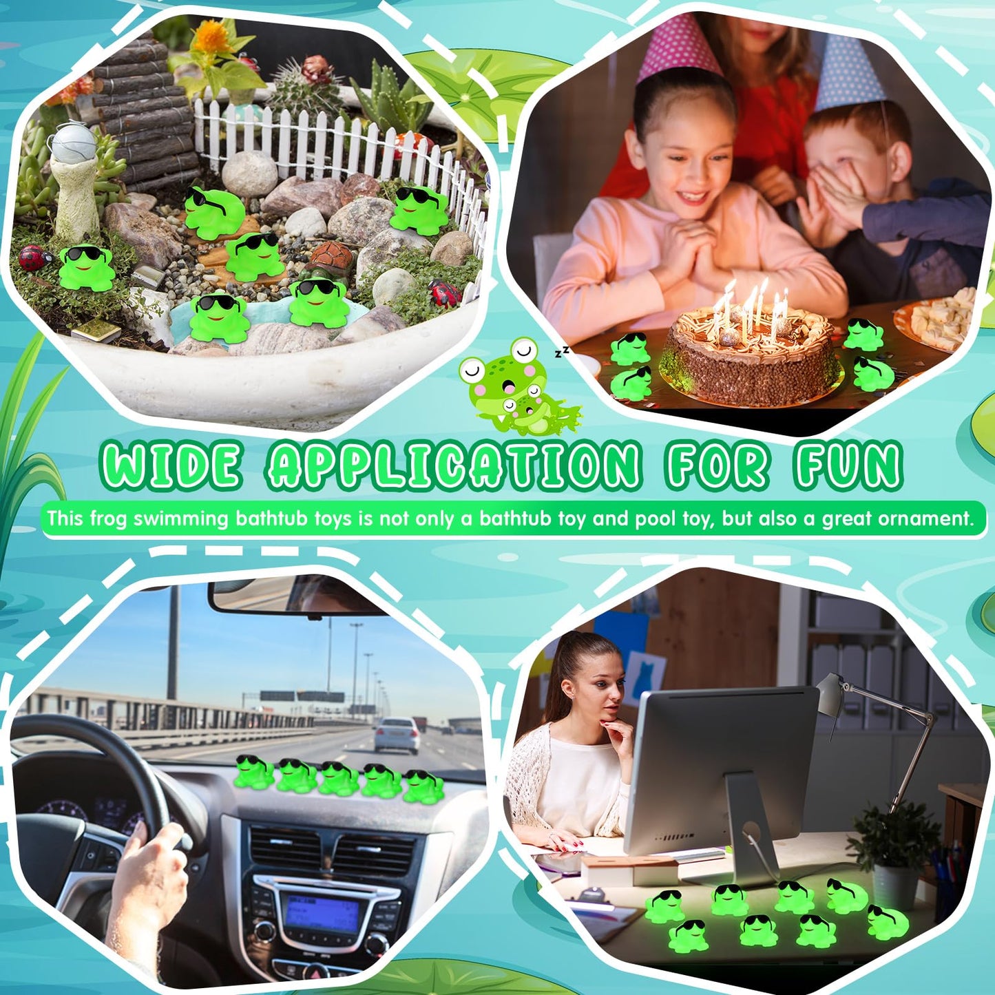 Halloscume 36 Pack Rubber Frogs Squeak and Floating Mini Glow in The Dark Frogs with Glasses Cute Bathtub Toys Swimming Bath Toy