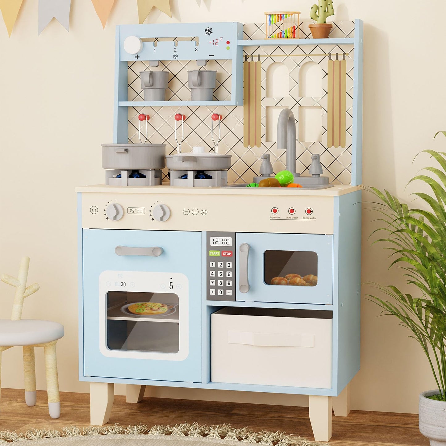 Bierum Play Kitchen With Realistic Lights & Sounds, Wooden Kitchen Playset Chef Pretend Play Set For Toddlers, Toy Kitchen With