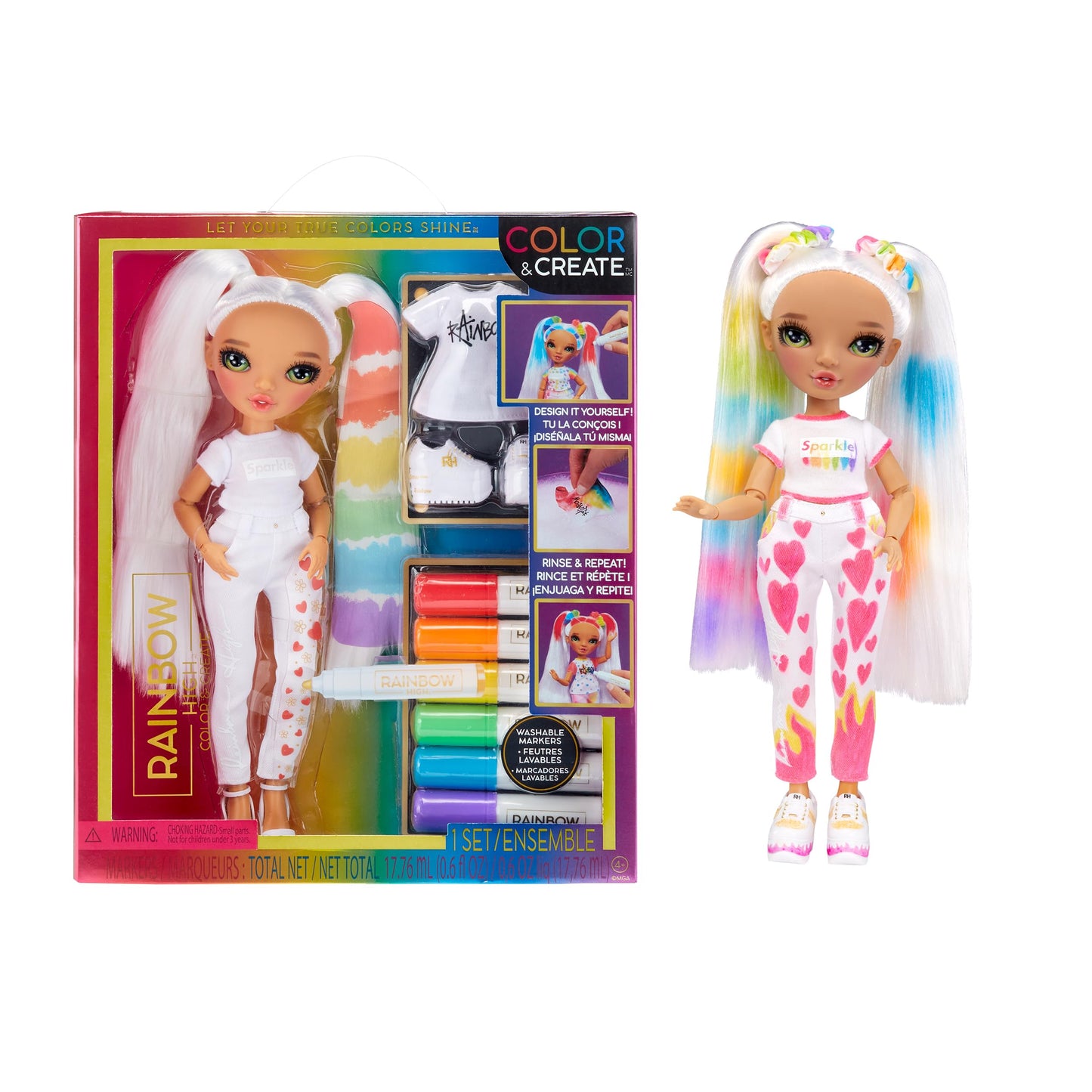 Rainbow High Color & Create Fashion DIY Doll with Washable Rainbow Markers, Green Eyes, Straight Hair in 2 Pig Tails, Bonus Top