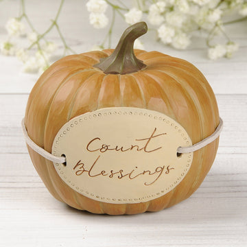 Count Blessings Script Orange Pumpkin 3.5 X 3 Inch Resin Stone Harvest Tabletop Figurine Décor