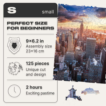 Unidragon Original Wooden Jigsaw Puzzles - City Morning New-York, 125 Pcs, Small 9'X6.2', Beautiful Gift Package, Unique Shape Best Gift For Adults And Kids