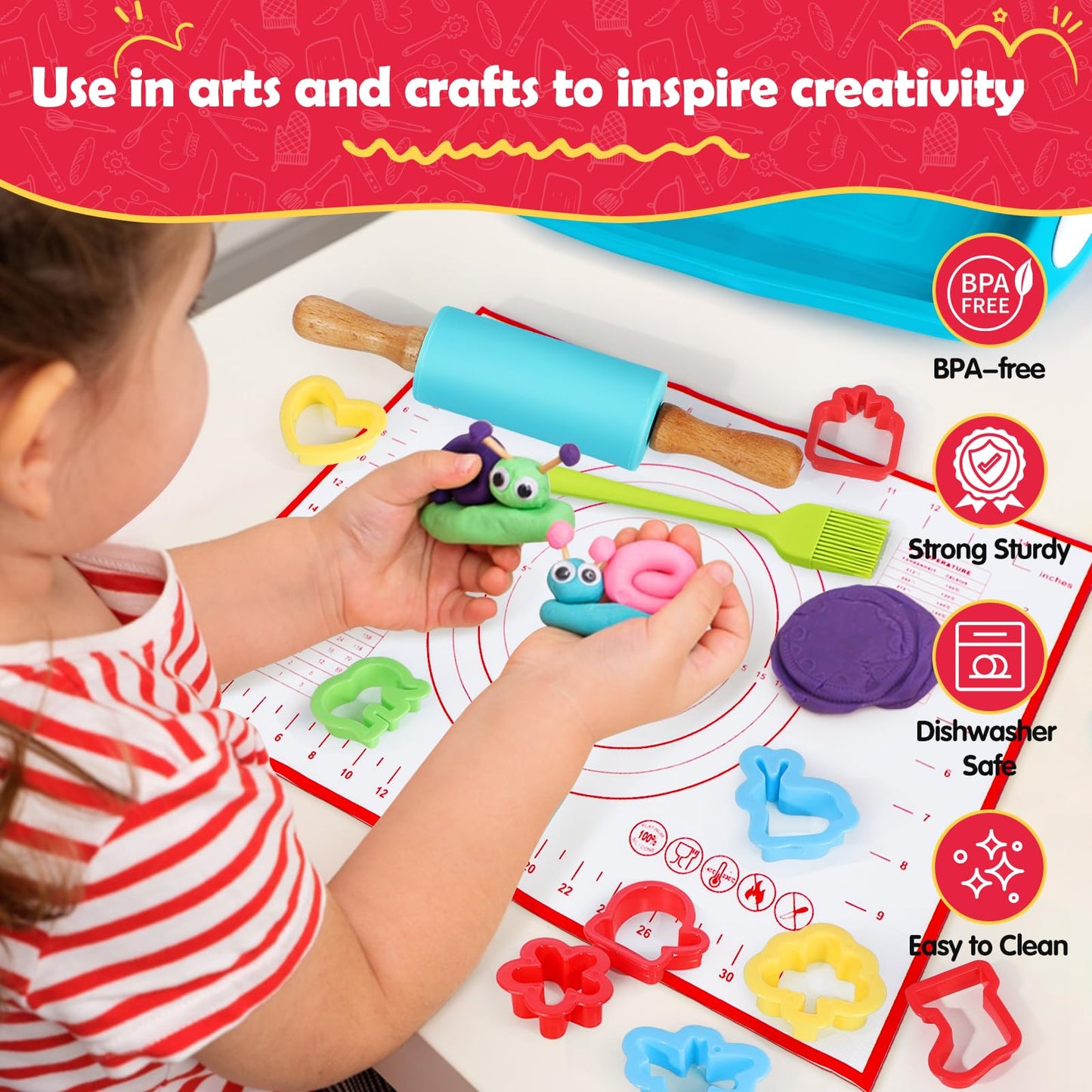 Kids Cooking & Baking Sets Real, Toddler Kitchen Toys, 24 Assorted Cookie Cutters - with Rolling Pin, Silicone Baking Pan, and N