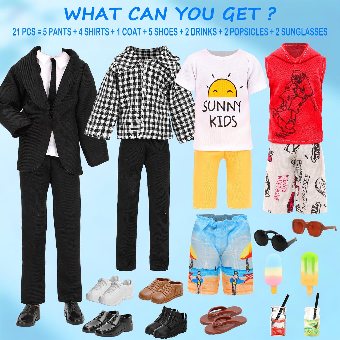 Miunana 21 PCS 11.5 Doll 5-in-1 Men's Fashion Bundle - 5 Outfits + 5 Shoes + 2 Sunglasses + 2 Ice Pops + 2 Drinks (Suit/Casual/Athletic/Swimwear) - Multi-Style Wardrobe Set for Business/Travel/Summer