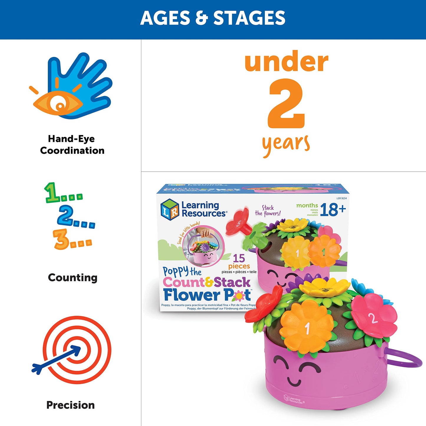 Learning Resources Poppy The Count & Stack Flower Pot - 15 Pieces, Fine Motor Skills Toys For Toddlers, Preschool Toys, Ages 18+